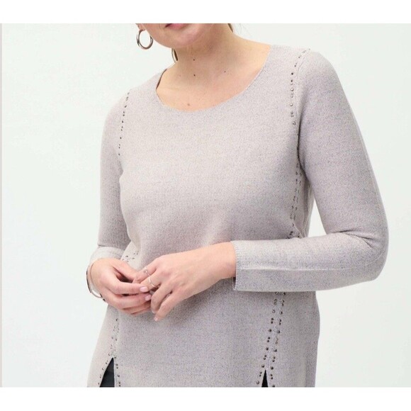 Joseph Ribkoff Knit Crewneck Top Sz Small Stone/Silver Metallic Stud Rhinestone - Picture 3 of 10